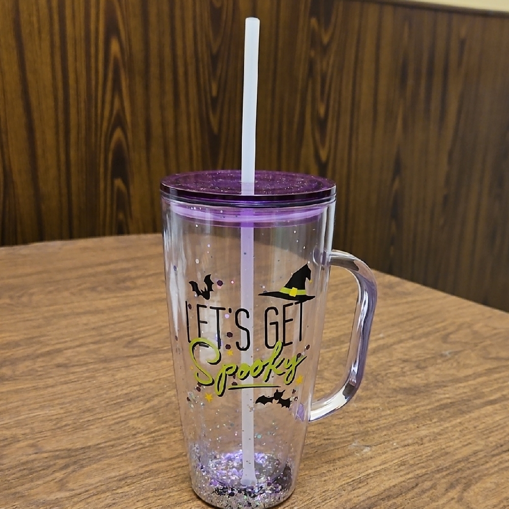 Halloween themed Purple Glitter Let's Get Spooky Tumbler with lid & Straw
